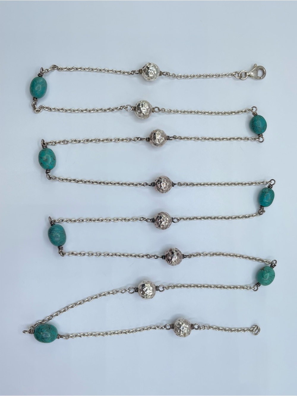 925 Sterling Silver Genuine Turquoise Beaded Station Necklace Hammered Boho